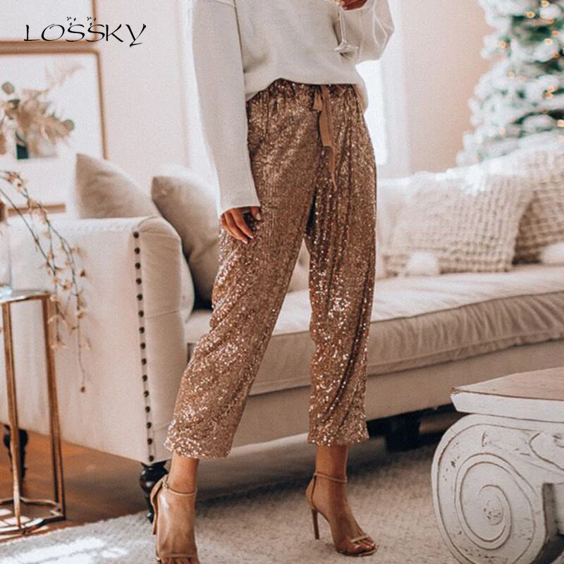 Женские блестящие длинные брюки Lossky элегантные вечерние Брюки с высокой талией и