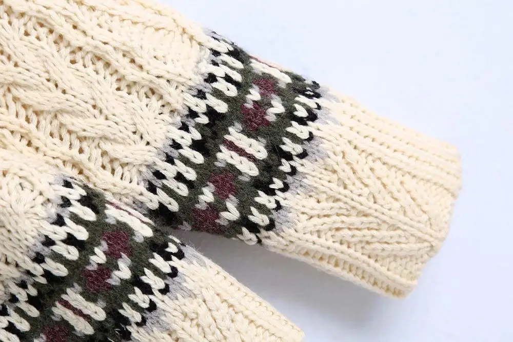 

Winter Za 2021 White Jacquard Knitted Sweater Women Contrast Pullover Oversized Argyle Woman Sweaters Long Sleeve Autumn Clothes