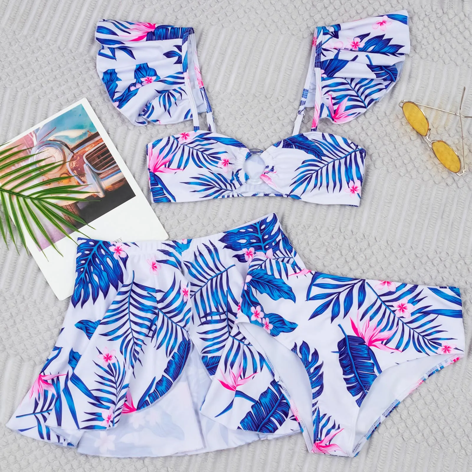 

Women's new fashion tube top sexy split printing open back bikini swimsuit Flora Print Swimwear 2021 Beachwear Bating suit