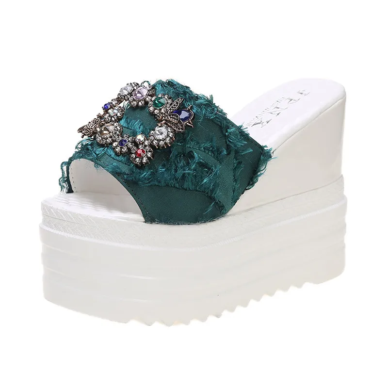

Summer Concise Rhinestone Buckle Platform Peep Toe Women Slippers Fashion Sexy 12CM Wedges Super High Heel Female Sandals