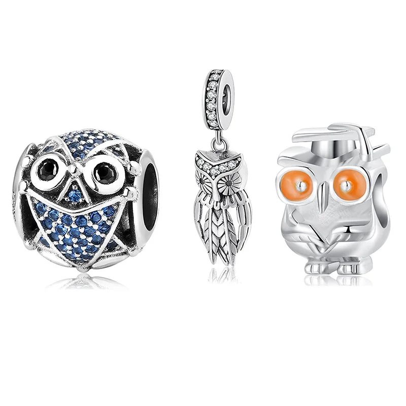 

S925 Silver Beaded animal big eyed owl DIY Bracelet accessories Beaded silver jewelry