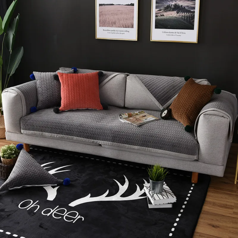 

Short Plush Sofa Cover Thick Non-slip Bay window Cushion for Living room Armrest Decor Towel Solid Color Corner Couch Slipcovers