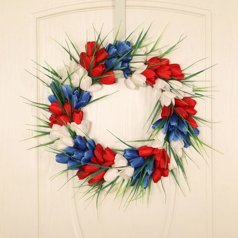 

American Patriotic Tulip Wreath, July of 4Th Independence Day Decor Red White and Blue Flower for Front Door Party Decor