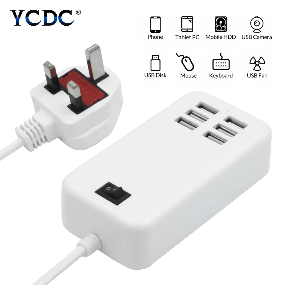 Высокое напряжение 5 В 6A 6-портовое гнездо для зарядки USB синий светодиодный