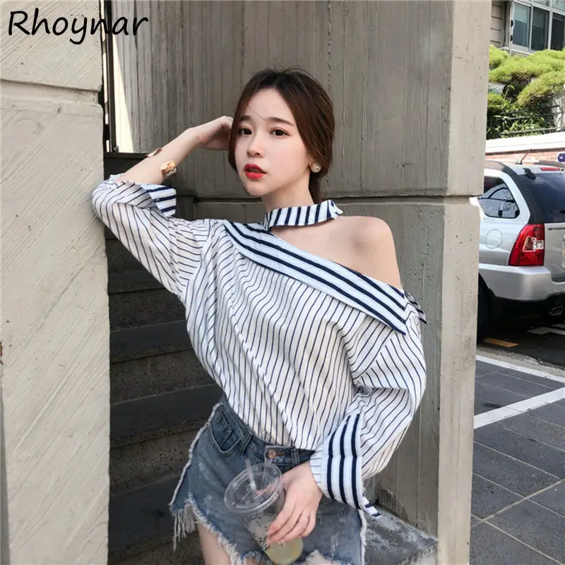 

Женская ажурная блузка, стильная полосатая блузка с длинным рукавом и открытыми плечами в Корейском стиле, уличная одежда для клувечерние в...