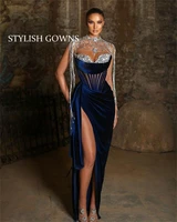 2022 royal blue velvet mermaid evening dresses for women beaded tassel prom dress high slit dinner gowns para mujer