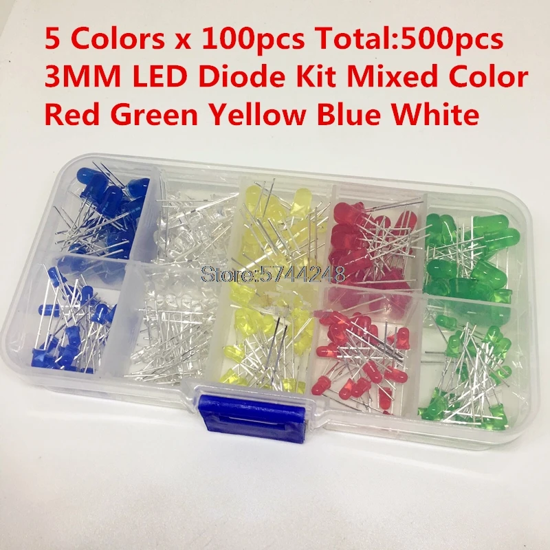 

5x100pcs=500Pcs 3MM LED Diode Kit Mixed Color Red Green Yellow Blue White + BOX