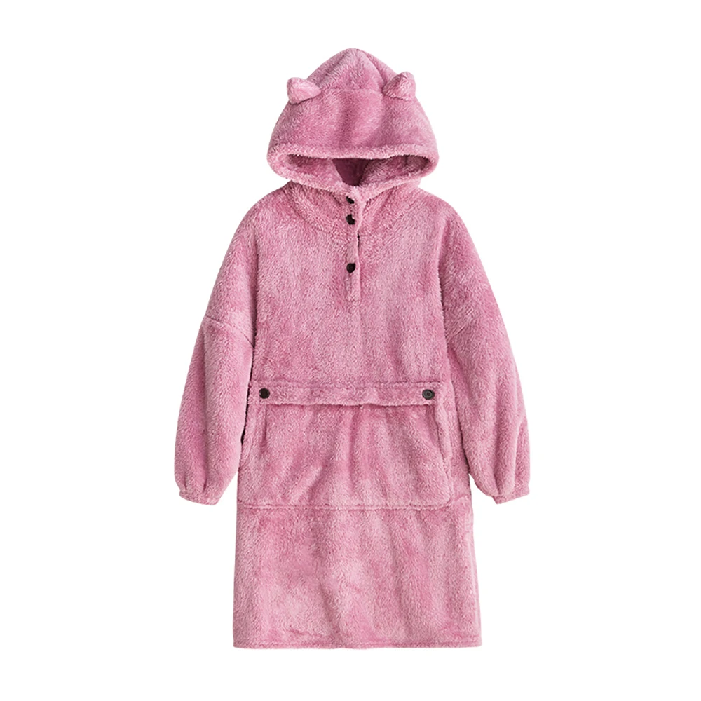 Cute Animal Ears Button Hooded Bathrobe Dresses Men Couples Autumn Winter Flannel Thick Warm Stretch Dressing Gown Female Kimono