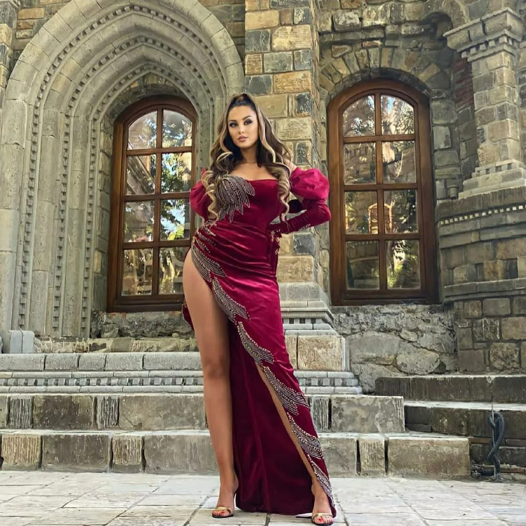 Elegant Velvet Evening Dresses Long Sleeves Off The Shoulder High Split Applique Women Formal Party Prom Gowns Plus Size Custom | Свадьбы и