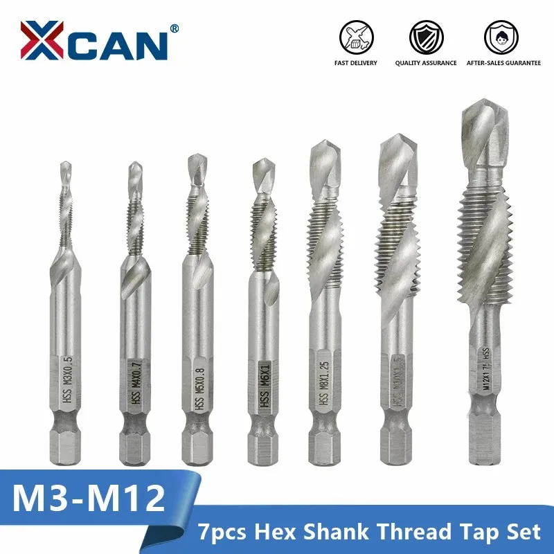 XCAN Hex Shank Metric Tap Combined Tap and Drill Spiral Flute HSS Thread Screw Tap Threading Tool M3 M4 M5 M6 M8 M10 M12
