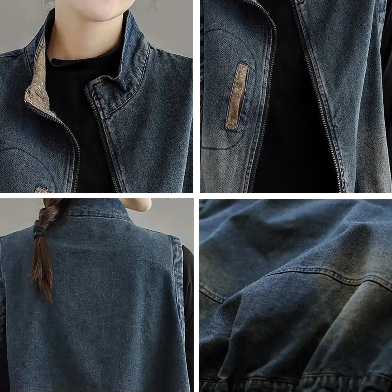 

Loose Short Denim Vest Jacket For Women Vintage Streetwear Patchwork Zipper Sleeveless Jean Coat Korean Large Size Outwear Mujer