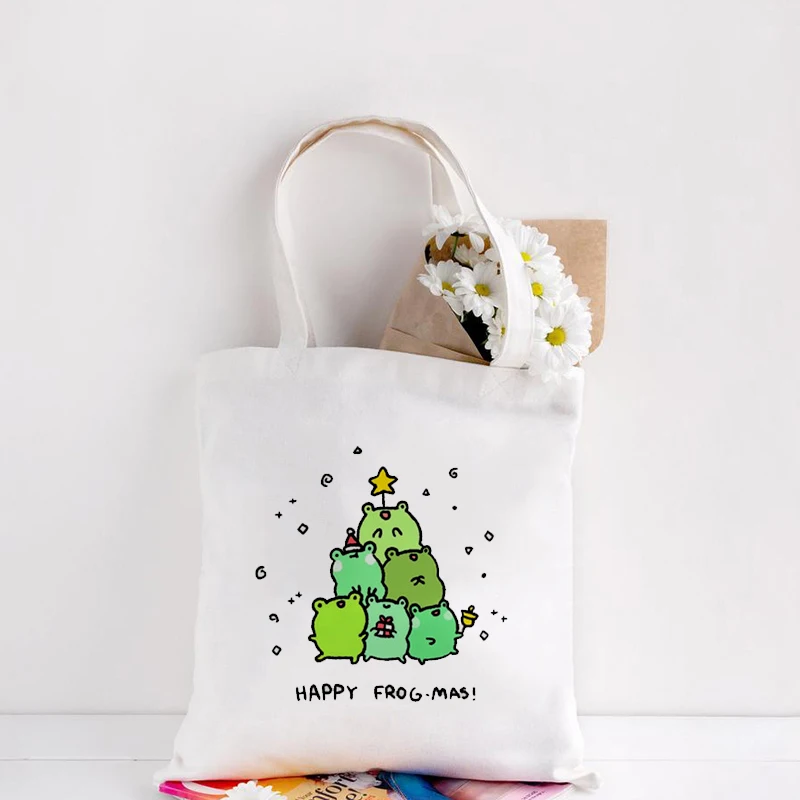 

Холщовая Сумка-тоут на плечо, сумочки для покупок, Белые пляжные ручные сумки, женская Милая эстетичная тканевая сумка с рисунком лягушки в ...