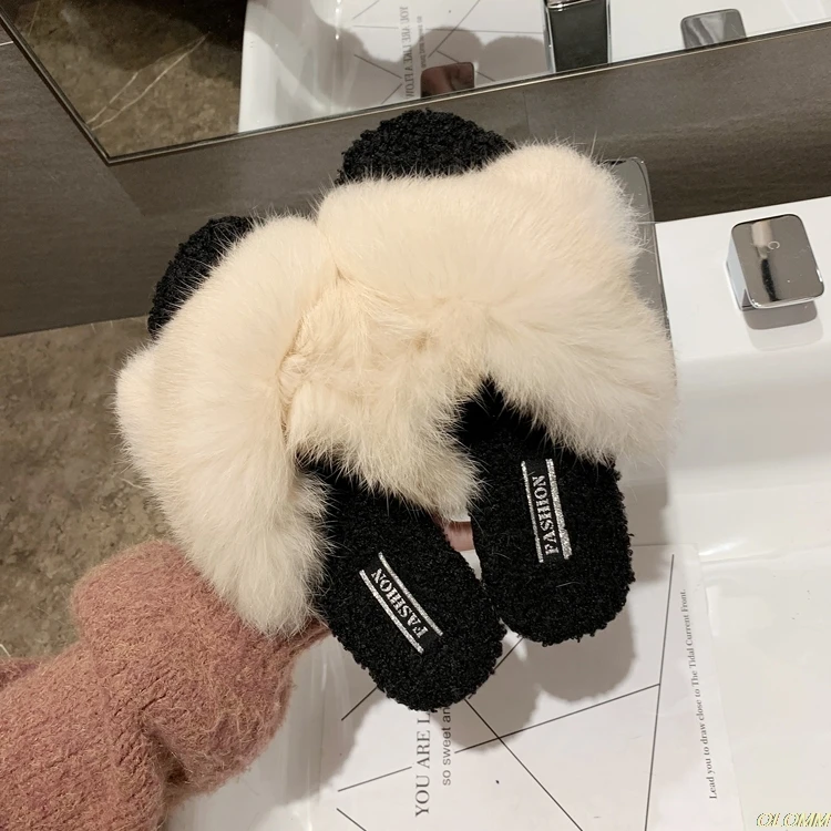 

Winter Women Warm Faux Fur Home Slippers Ladies Cross Soft Plush Furry Female Open Toe Women's House Shoes Fashion Woman Slides