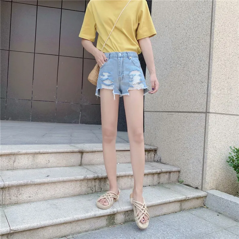 

Summer new vogue street tall waist breaks hole bull-puncher knickers female, solid color thin short bull-puncher knickers female