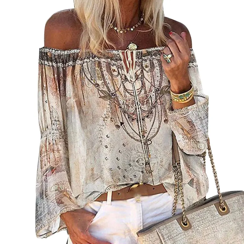 Женская Элегантная блузка с открытыми плечами цветочным принтом на шнуровке