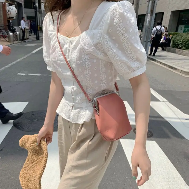 

2021 Summer Casual Square Collar Elegant Short Sleeves Sexy Single Breasted Simple Fresh Sweet White Short Shirts