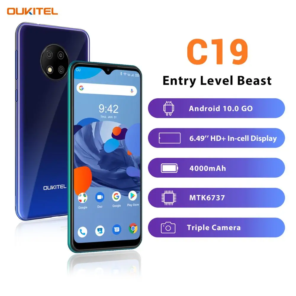 OUKITEL C19 6 49 ''HD + 2 Гб оперативной памяти 16 встроенной смартфон MTK6737 Ouad Core Android 10 0