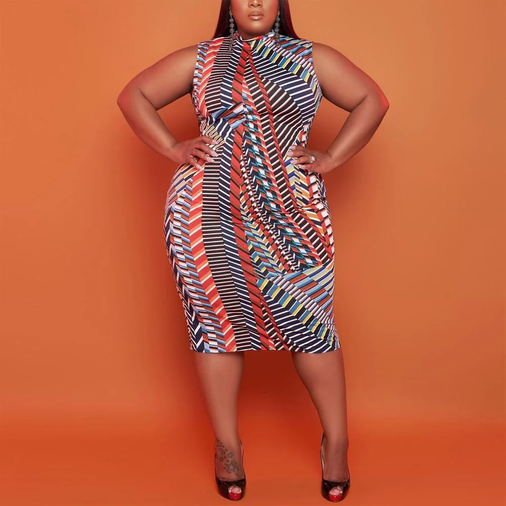 

Plus Size Dresses For Women 4XL 5XL Sexy Geometric Print Sleeveless Bodycon Mid Calf Elegant Evening Night Club Wear Vestidos