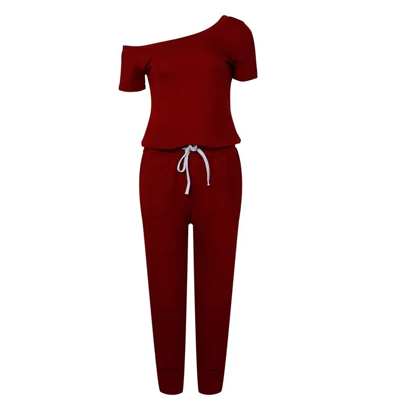 

2021 Summer One Shoulder Jumpsuit Women Overalls Rompers Long Jumpsuit Female Short Sleeve Overalls For Women Pocket Red