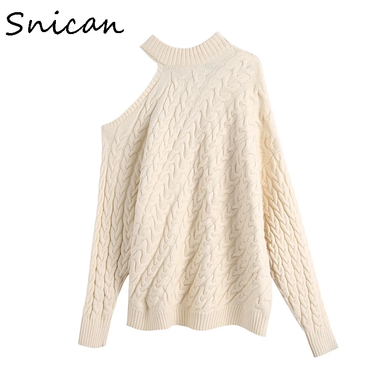 

Snican One Off Shoulder Sexy Women Sweater Za 2021 Vintage Jumper Mujer Spring Jumper Mujer Blanc Pull Femme Hiver Pullover Zora