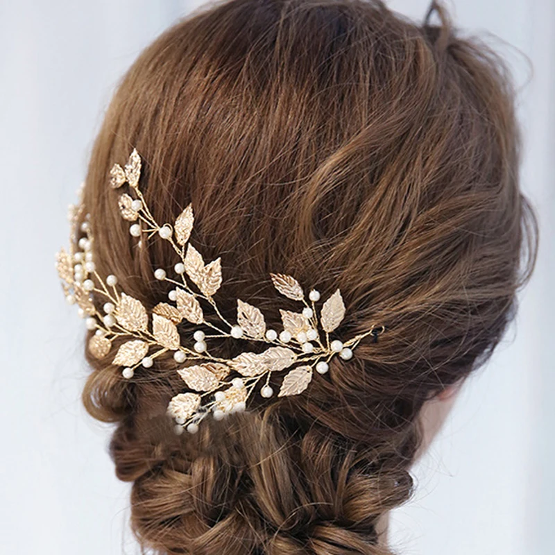 

Leaf Bride Hair Vine Pearl Wedding Flower Headband Crystal Beads Bridesmaid Headdress Bridal Headpiece For Women Hair Jewelry