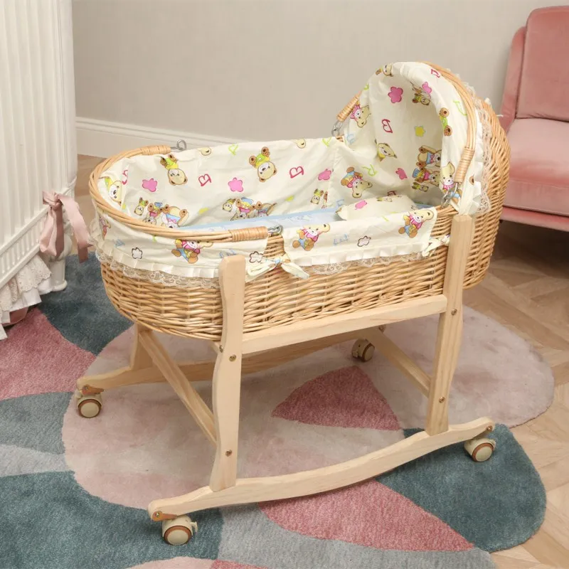 Rattan Cradle Wooden Newborn Baby Crib Bed Mosquito Baby Sleeping Basket Portable Trolley Baby Cot Bed Nursery Baby Bassinet
