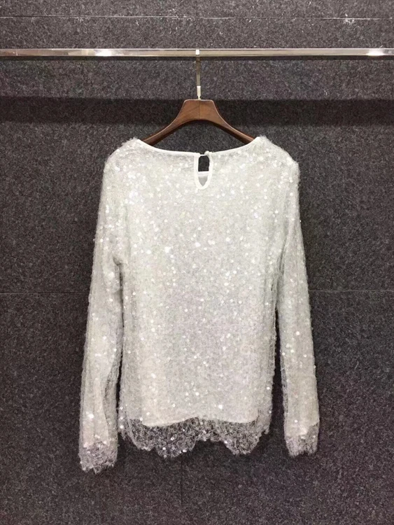 

2021 early spring new women's round neck heavy industry sequins stitching long-sleeved all-match blouse 108