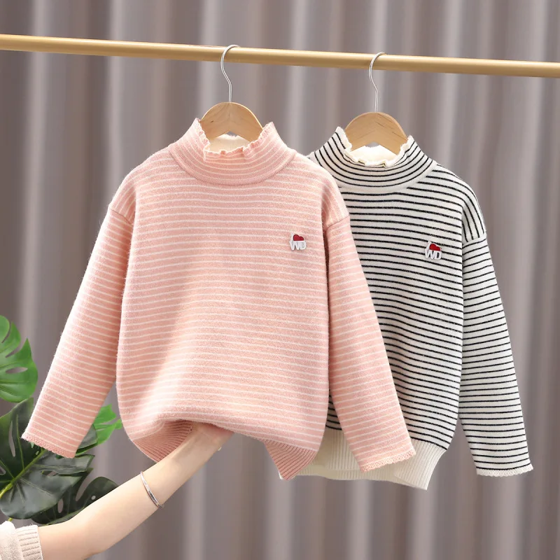 

Winter Girls Sweaters Turtlrneck Ruffled Pullover Soft Cotton Knitting Striped Sweater Thicken Warm Children Clothes Girls Tops