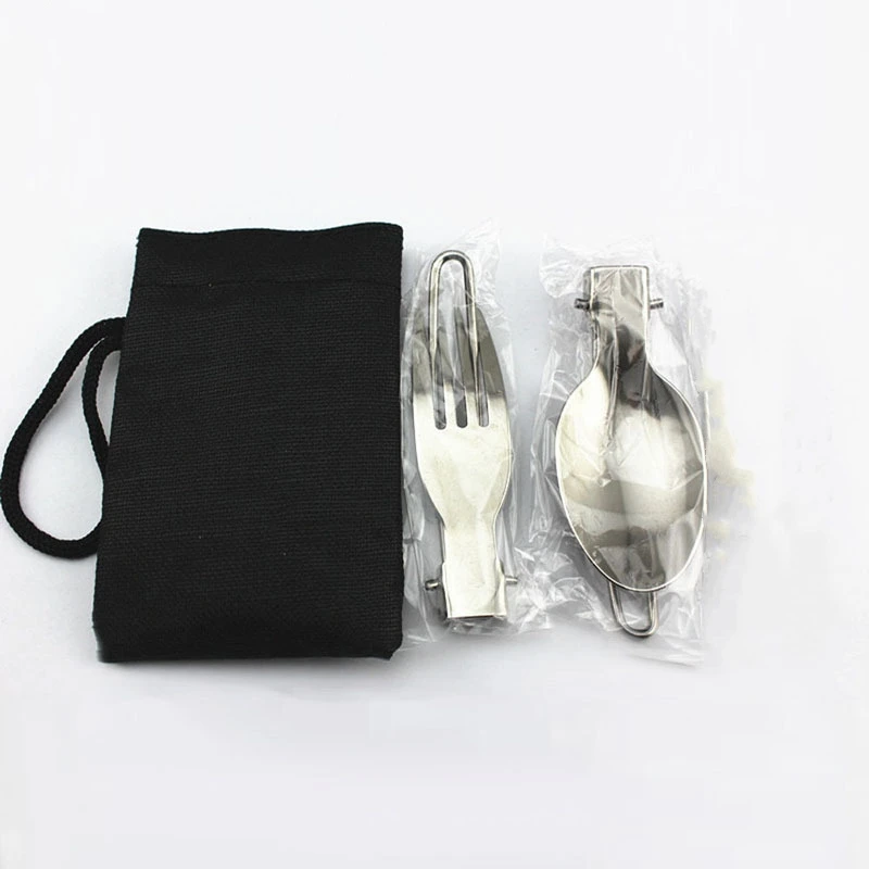 

Stainless Steel Folding Tableware 2 Piece Set Portable Folding Fork Spoon with Storage Bag Metal Camping Travel Tableware