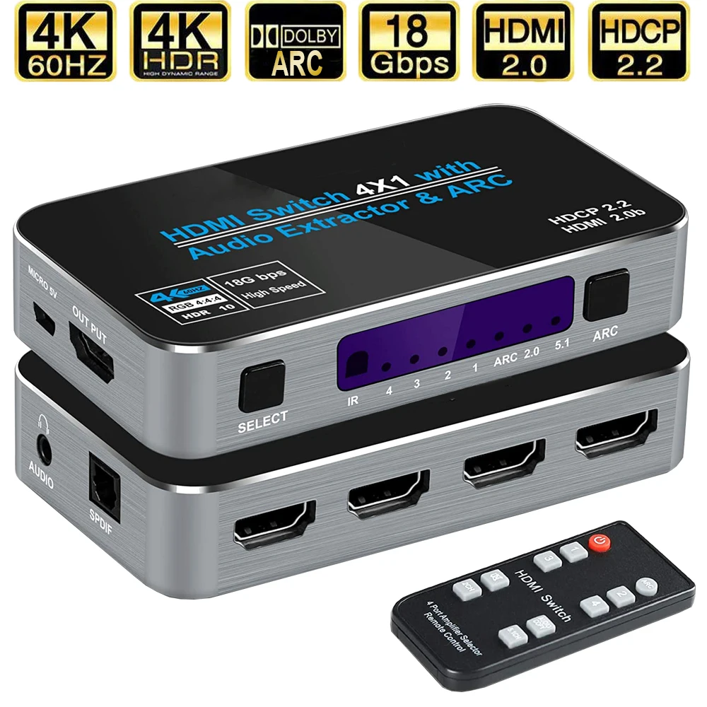 

Mini 4x1 4K HDMI Switch Audio Extractor With ARC & Optical Toslink HDMI 2.0 Switch 4K 60Hz HDMI Switcher Remote For Apple TV PS4