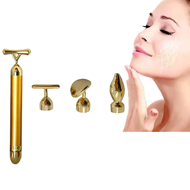 4 in 1 Combination Set Beauty Bar 24K Golden Pulse Facial Massager T-Shape Electric Sign Face Massage Tools for Sensitive Skin | Красота и