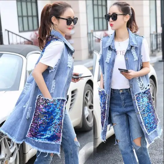 Новинка 2020 осенне-летний джинсовый жилет с блестками женский длинный дырками без