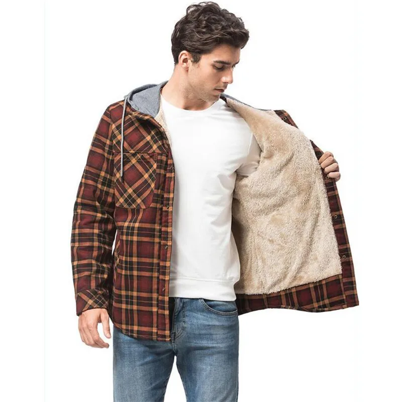 

Men's Casual Plaid Cargo Shirts Fleece Lined Thicken Warm Long Sleeve Shirt Hooded Cargo Tops Outerwear
