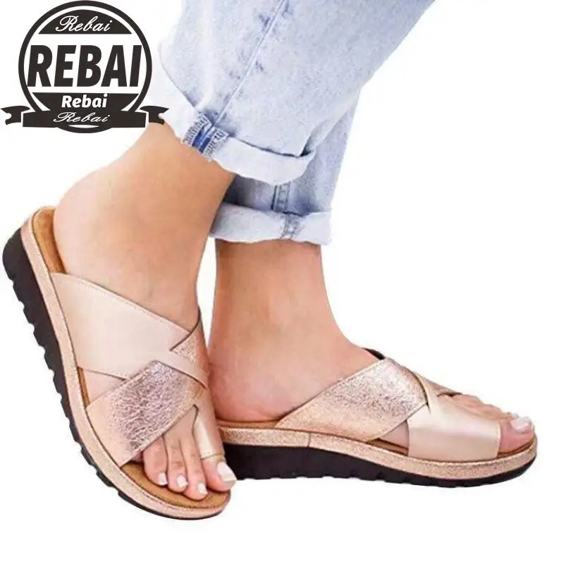 

2021 Women Artificial PU Shoes Slippers Orthopedic Bunion Corrector Comfy Platform Wedge Ladies Casual Big Toe Correction Sandal