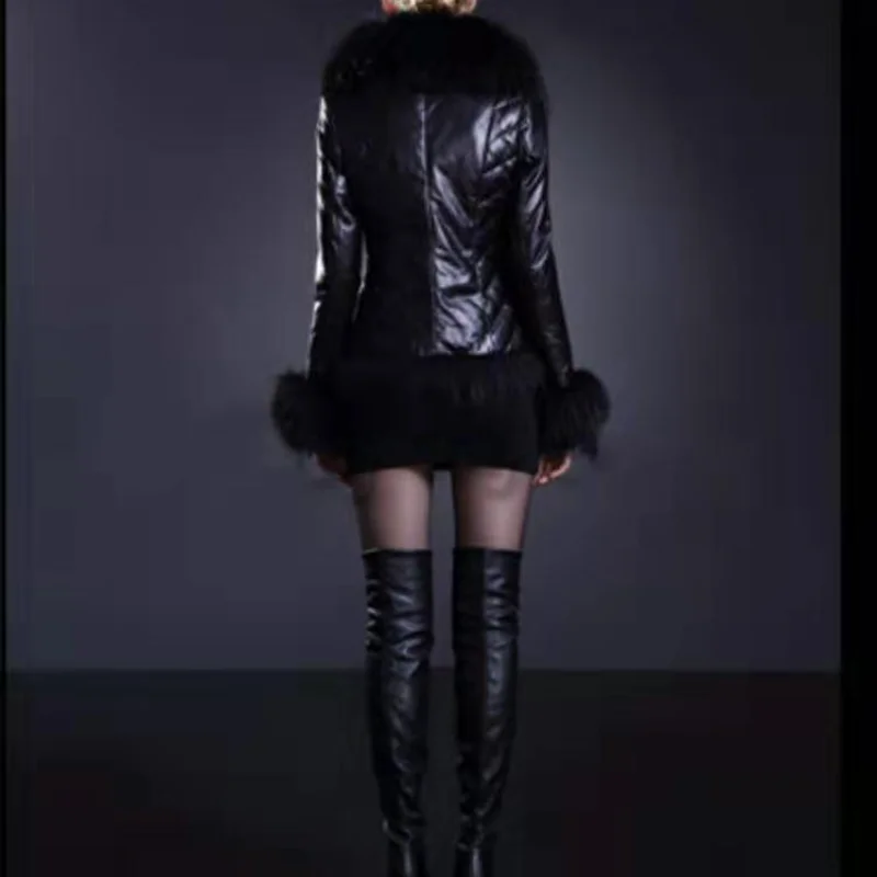 2021 Winter Warm Parka Faux PU Leather Biker Jacket Women  Cotton-padded Jackets Casual Waist Tightening Oversized Outwear Coat