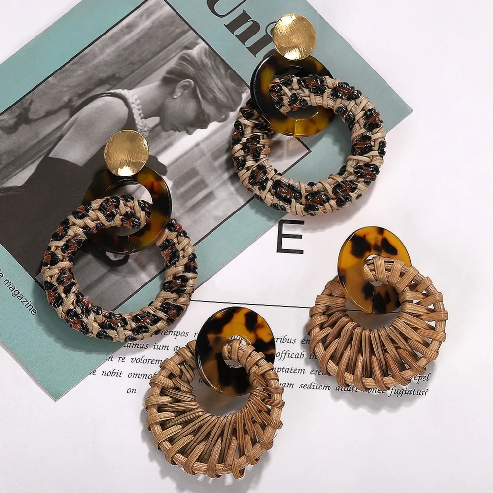 Dvacaman плетеные серьги-капли из ротанга, плетеные полые круглые бамбуковые массивные серьги из рафии, модные женские аксессуары