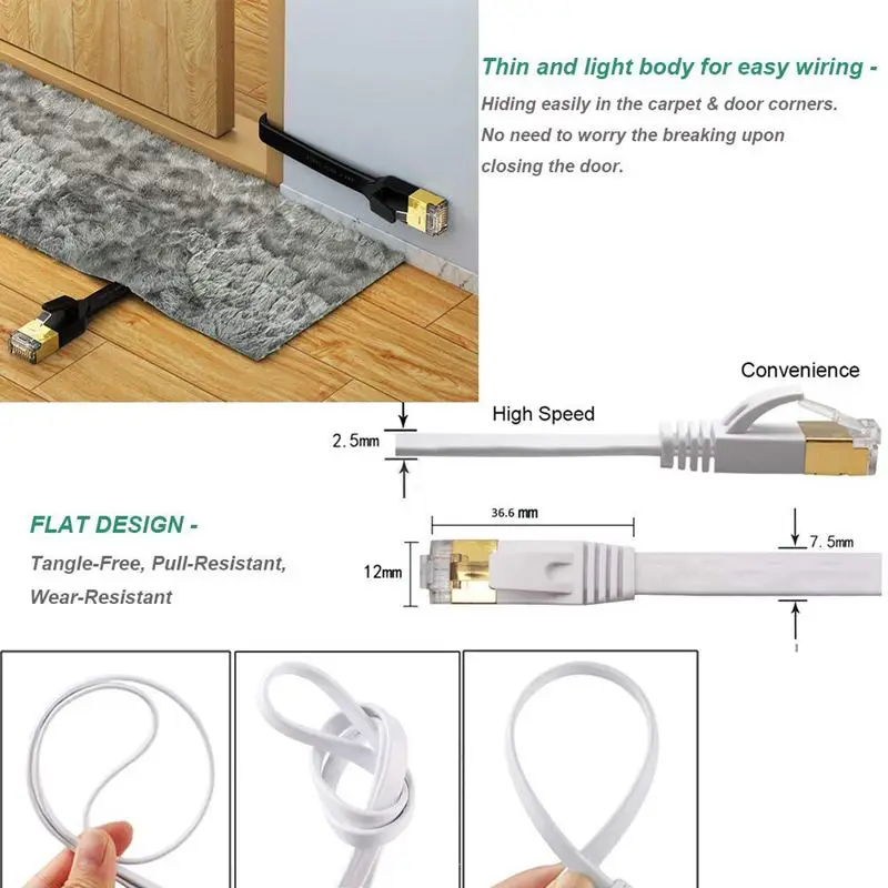 Cat-7 Ethernet кабель 50 футов белый плоский с зажимами кабеля экранированные RJ45 разъемы