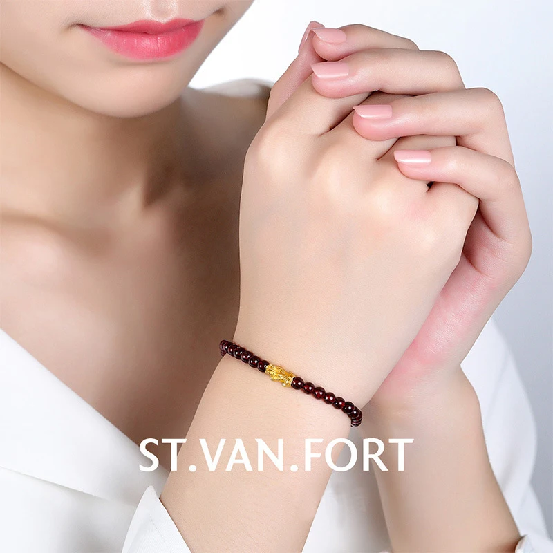 

YUNLI Pure 24K 999 Gold Pixiu Bracelet Handmade Elastic Cord Charm Bracelet With Garnet Beads for Women Fine Jewelry Party Gift