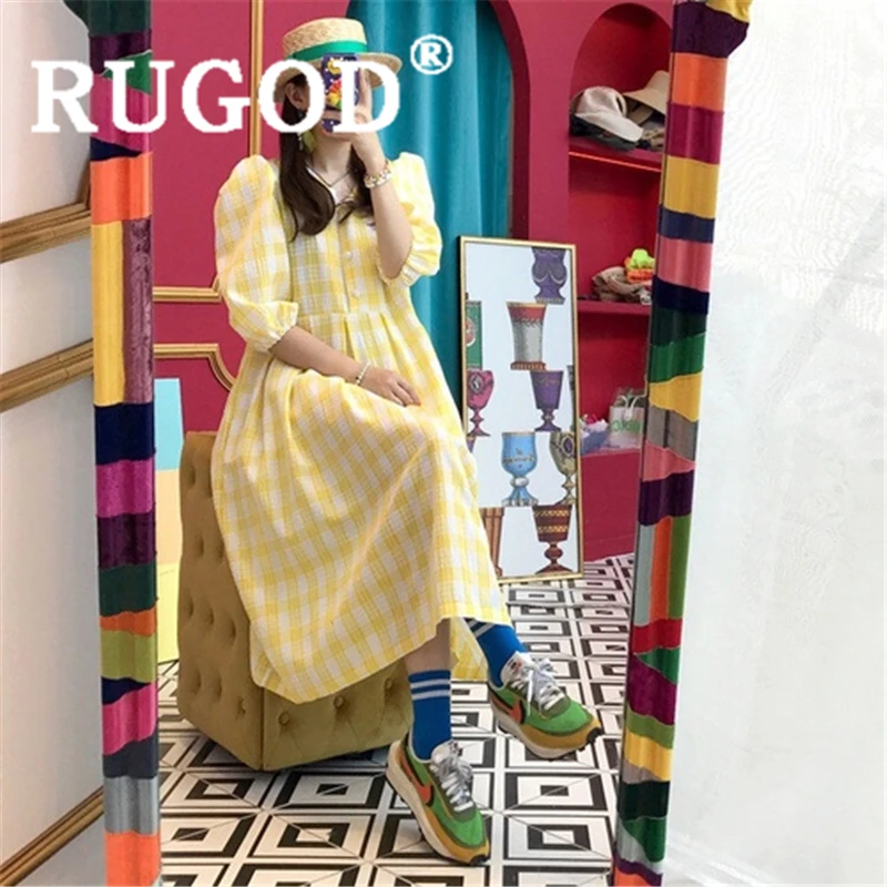 Женское винтажное платье в клетку RUGOD Свободное длинное с v образным вырезом и