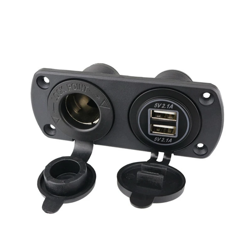 

NEW-Dual USB Socket Charger 5V 2.1A with 12-24V Power Outlet Lighter Socket Switch Panel Adapter for Car Boat