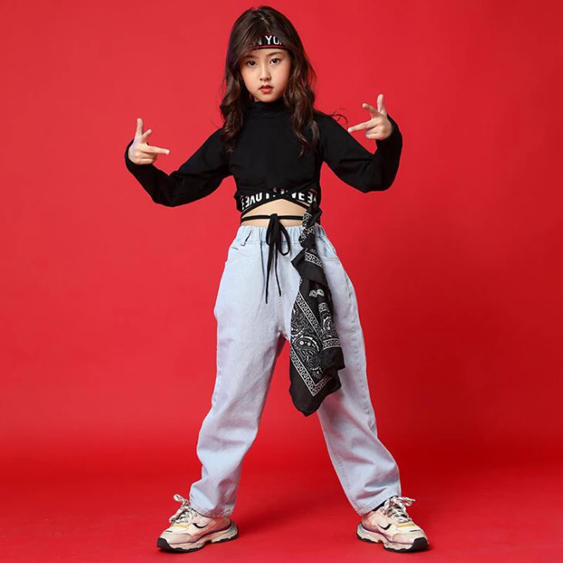 Детская одежда для выступлений в стиле хип хоп черная укороченная толстовка