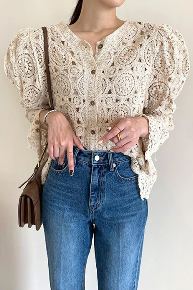 

Casual Hook Flower Hollow Out Cardigan Elegant Single Breasted Women's Sweater Korean Chic Beige/White Knit Jacket Autumn 2021