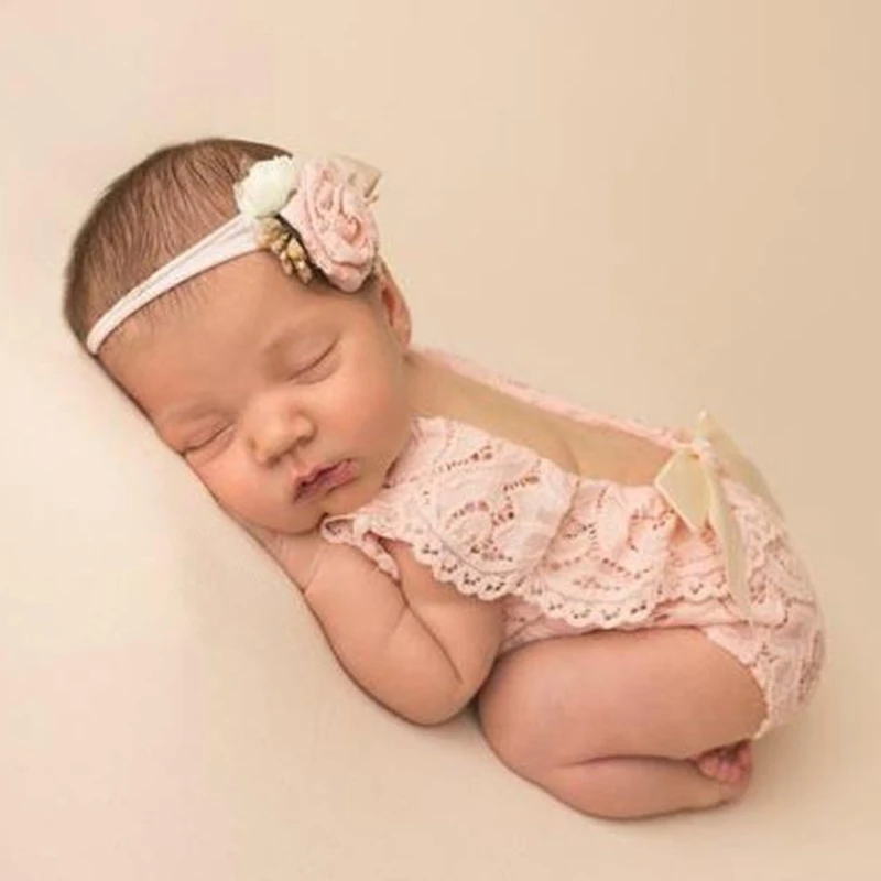 

1set 0-3Month Newborn Photography Props Baby Headband Lace Romper Bodysuits Outfit Baby Girl Costume Photo Shooting Clothing