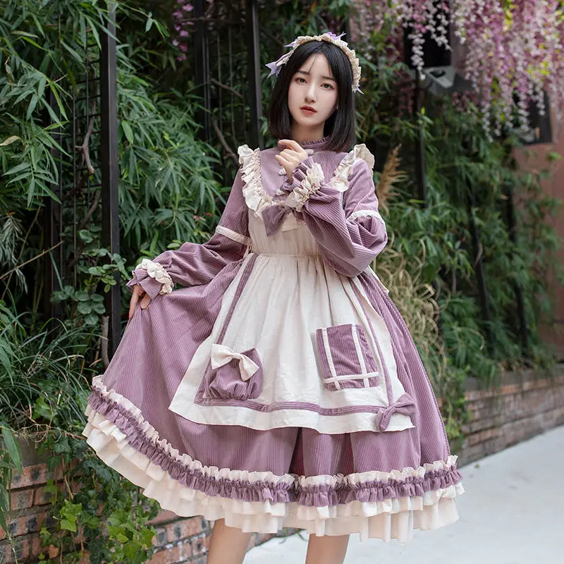 Японский стиль Осень Зима с длинным рукавом фиолетовый толстый вельветовый