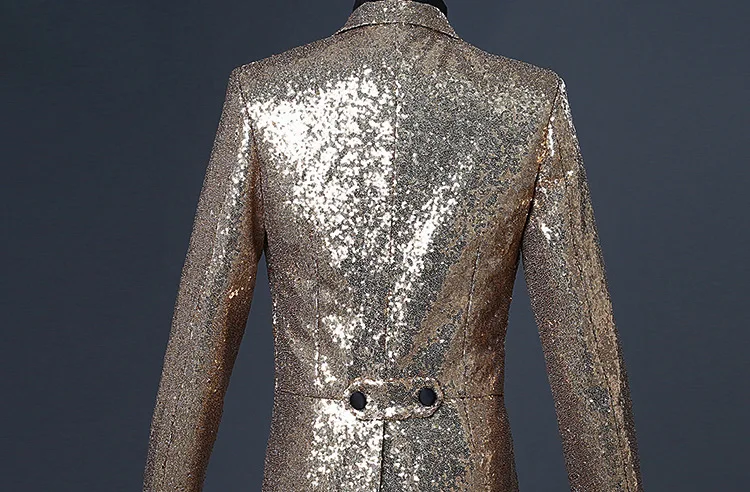 Shiny Gold Sequin Long Tuxedo Dress Blazer Men Nightclub Prom Mens Glitter Suit Tailcoat Jacket Wedding Party Stage Costumes | Мужская