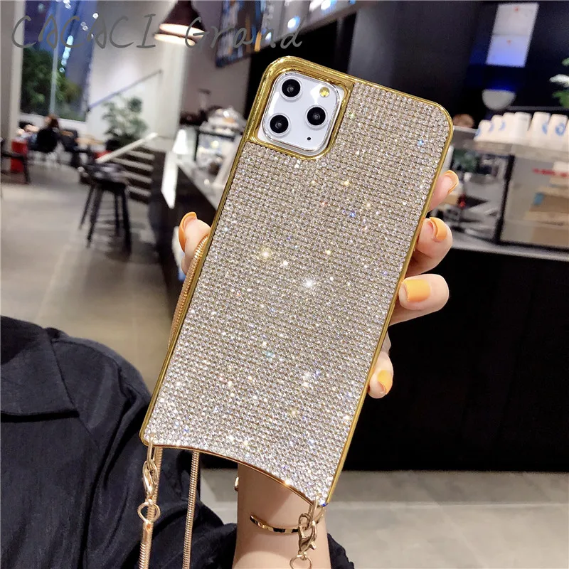 Роскошный чехол с блестящими бриллиантами для apple iphone xs 11 pro max XR X 7 8 6S 6 PLUS, чехол с металлическим ожерельем через плечо