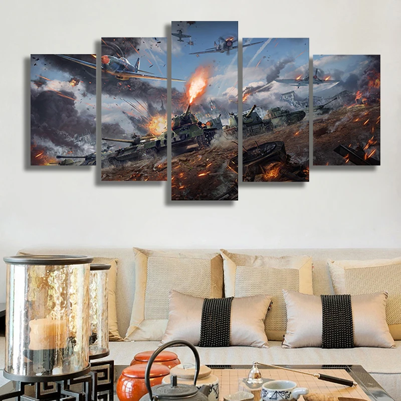 

5 Piece Military War World of Warships Tank World Painting Game Poster Decorative Mural Wall Decor Canvas Painting