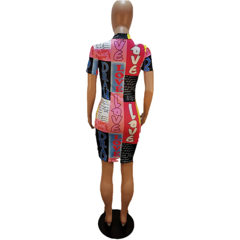 

Contrast Color Letter Print Sexy Wrap Dress for Women Mock Neck Short Sleeve Bandage Dress Summer Ruched Drawstring Mini Dress