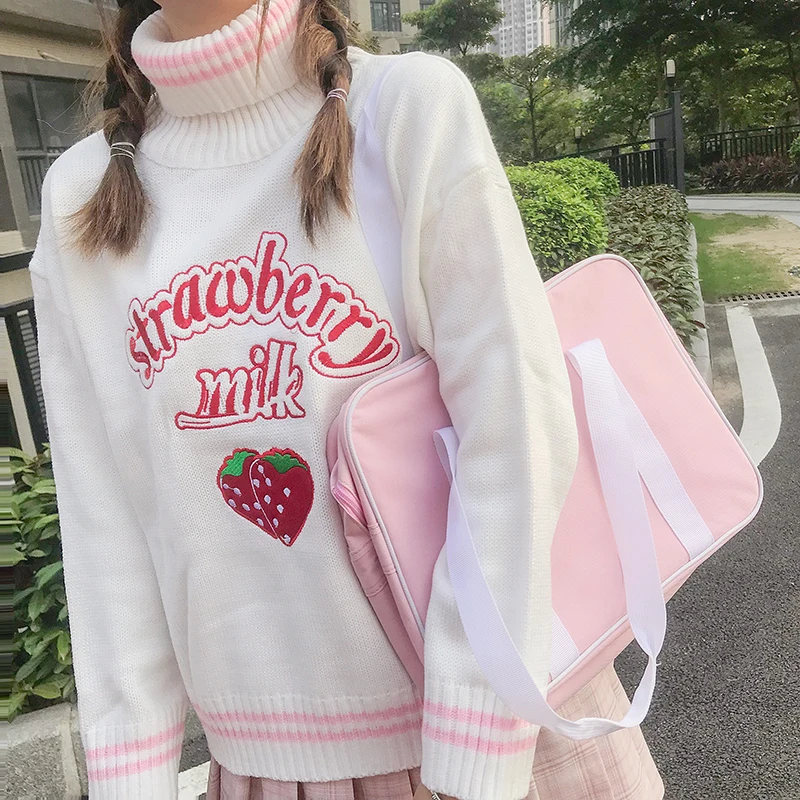 

Japanese New Winter Preppy Style Turtleneck Sweater Girls Kawaii Strawberry Milk Pink Femle Jumper Knitting Pullovers Sweaters