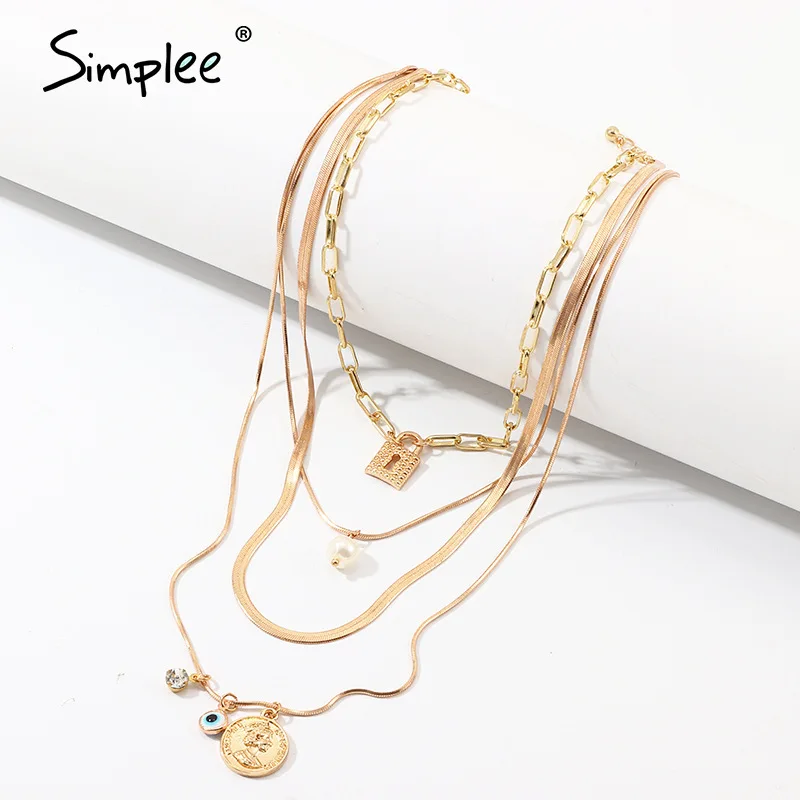 Simplee Golden chain pendant necklace Fashion jewelry lock eye women long Streetwear party charm accessories 2020 | Украшения и